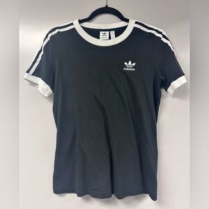 Adidas Black Tee with White Stripes & Embroidered Logo - Women’s Size Small